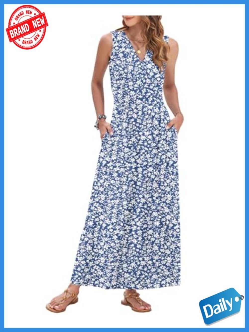 Womens Maxi Dress Summer Sleeveless Wrap Long Dress with Pockets